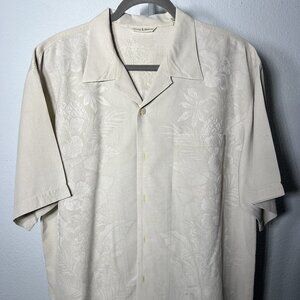 Tommy Bahama 100% Silk Ivory Jacquard Hawaiian Tropical Shirt SZ Lrg
